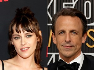 Kristen Stewart attends the Los Angeles Premiere Of A24's "Love Lies Bleeding" smiling wearing a black gown, Seth Meyers attends the 75th Primetime Emmy Awards wearing a black suit and bowtie, Kristen Stewart Turns Seth Meyers Into A Lesbian Icon.