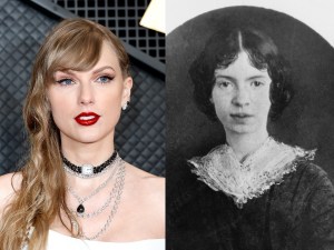 Taylor Swift attends the 66th GRAMMY Awards, circa 1850: American poet Emily Dickinson in a black and white photo.