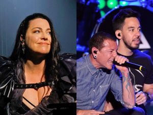 Amy Lee performing on stage; Linkin Park singer Chester Bennington and Mike Shinoda performing on stage.