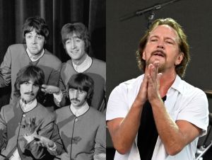 The Beatles posing for a photo; Pearl Jam frontman Eddie Vedder performing on stage.