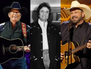 All-Time Kings Of Country Music - Goerge Strait on stage with guitar wearing black, Johnny Cash wearing a black jacket from the 1970s, Garth Brooks on stage in a hat playing a guitar waering black.