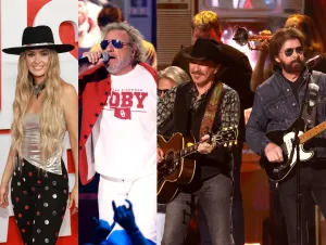 CMT's Emotional Tribute To Toby Keith: Lainey on a red carpet wearing a hat, Sammy Hagar in a red shirt. Brooks and Dunn, on stage at CMT Awards, were wearing black.