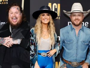 2024 ACM Nominations - Jelly wearing black on the ACM red carpet, Lainey Wilson wearing blue and a hat on the ACM red carpet, and Cody Johnson in a cowboy hat and denim shirt.