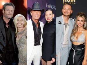 Five Country Music Couples We Adore - Blake in a black jacket and Gwen in a gold dress. Tim in a white suit and coywboy hat and Faith in a black dress. Kane in a blue suit and Katelyn in a silver outfit.
