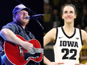 Luke Combs Surprised WNBA Draft Pick Caitlin Clark. Luke was on stage wearing black with a guitar, and Caitlin Clarks was in her white and green backset ball uniform.