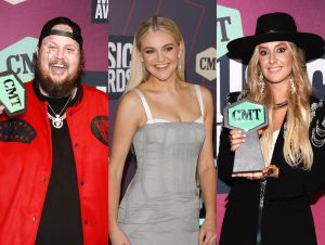 2024 CMT Music Award's Final Six - Jelly Roll in a red jacket holding the award, Kelsea Ballerini in a gray dress, and Lainey Wilson in a black outfit and hat holding the award.