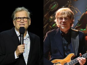 Drew Carey performs during The Give Back-ular Spectacular! fundraiser in partnership with The Union Solidarity Coalition at The Orpheum Theatre on October 25, 2023 in Los Angeles, California; Trey Anastasio of Phish performs after the world premiere of "Between Me and My Mind" during the 2019 Tribeca Film Festival at Beacon Theatre on April 26, 2019 in New York City.