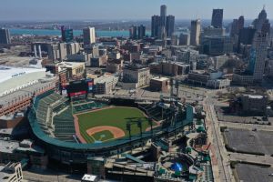 An aerial view from a drone shows Comerica Park where the Detroit Tigers play. Detroit has a best MLB Ballpark hotel.