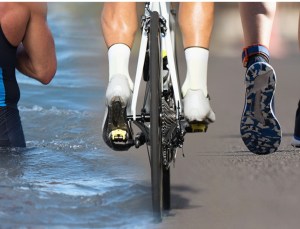 Triathlon swim bike run triathlete man for ironman race concept. Three pictures composite athlete running, biking, and swimming in sea