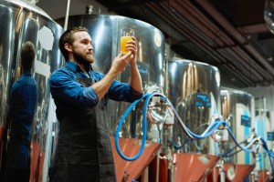 Young bearded brewery master with glass of beer in his hand evaluating its visual characteristics after preparation during work in brewery. Jack's Abby purchases Wormtown in Massachusetts.