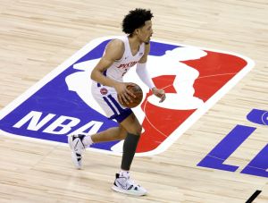 Cade Cunningham #2 of the Detroit Pistons brings the ball up the court against the New York Knicks during the 2021 NBA Summer League at the Thomas & Mack Center on August 13, 2021 in Las Vegas, Nevada. The Pistons defeated the Knicks 93-87.