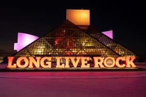 A general view of the Rock & Roll Hall Of Fame Lit in CARE Colors for International Day of The Girl at the Rock & Roll Hall of Fame and Museum on October 11, 2023 in Cleveland, Ohio.