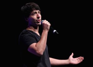 Comedian Arj Barker on stage. The comedian recently kicked a breastfeeding mother out of his show