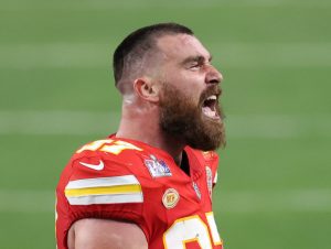 Travis Kelce #87 of the Kansas City Chiefs reacts in the third quarter against the San Francisco 49ers during Super Bowl LVIII , Travis Kelce Is The 'Happiest' He's Ever Been.