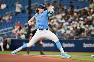 Ryan Pepiot #44 of the Tampa Bay Rays delivers a pitch to the Los Angeles Angels in the first inning at Tropicana Field. Tampa Bay Rays City Connect uniforms will unveil on April 29.