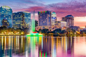 Lake in the heart of Orlando, Florida at sunset. Florida new hotels