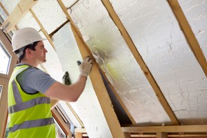 Builder Fitting Insulation Into Roof Of New Home. Koala Insulation is a Florida-based franchise business that does insulation.