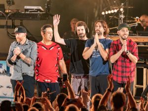Musicians from Linkin Park; Dave Farrell, Joe Hahn, Brad Delsen, Rob Bourdon and Mike Shinoda perform during the "Linkin Park And Friends Celebrate Life In Honor Of Chester Bennington" event at the Hollywood Bowl on October 27, 2017 in Hollywood, California.