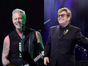 James Hetfield of Metallica performing on stage; Elton John performing on stage.