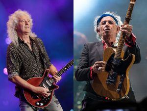 Brian May of Queen performs during Fire Fight Australia at ANZ Stadium on February 16, 2020 in Sydney, Australia; Keith Richards of The Rolling Stones performs on the Pyramid Stage during day 3 of the 2013 Glastonbury Festival at Worthy Farm on June 29, 2013 in Glastonbury, England.