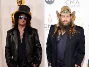 Slash attends the 96th Annual Academy Awards on March 10, 2024 in Hollywood, California; Chris Stapleton attends the 57th Annual CMA Awards at Bridgestone Arena on November 08, 2023 in Nashville, Tennessee.