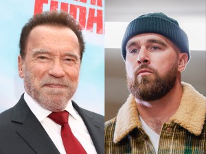 Arnold Schwarzenegger attends the Netflix premiere of ''FUBAR', Travis Kelce #87 of the Kansas City Chiefs arrives before the game against the Buffalo Bills, Arnold Schwarzenegger Makes Travis Kelce Sweat.