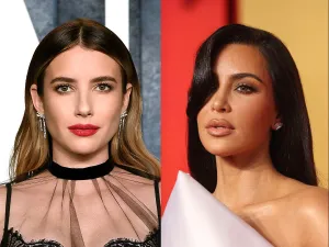 Emma Roberts attends the 2023 Vanity Fair Oscar Party, Kim Kardashian attends the 2024 Vanity Fair Oscar Party, Emma Roberts: What Making Out With Kim Kardashian Was Like.