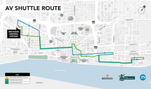 City of Detroit, Bedrock, Michigan Central, and OFME collaborate on the 10.8 mile two-way 'Connect' AV shuttle route, linking Michigan Central to Bedrock's 200 Walker Street