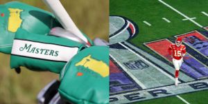 A green masters golf bag, and Patrick Mahomes on the Super Bowl field. 2 major Sporting Event