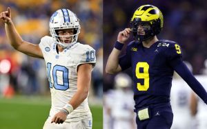 UNC QB Drake Maye in white and Michigan QB J.J. McCarthy in blue. If the Giants drafting a quarterback is not the call, then who will they take?