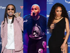 quavo, Chris Brown, saweetie on a red carpet and performing