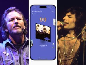 Eddie Vedder performing on stage; Photo of the Apple Music 100 Best Albums list on an iPhone; Freddie Mercury performing on stage.