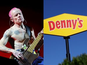 Bassist Flea of Red Hot Chili Peppers performs at Allegiant Stadium on April 01, 2023 in Las Vegas, Nevada; A sign is posted in front of a Denny's restaurant on February 13, 2023 in Emeryville, California. Denny's restaurant will report fourth quarter earnings today after the closing bell.