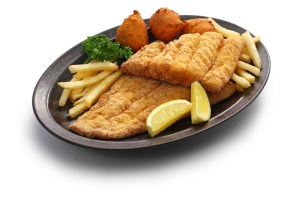 A fried fish plate, with hush puppies and fries. Captain D's in North Carolina