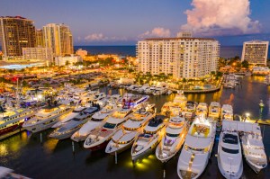 Multimillion dollar yachts in Fort Lauderdale twilight aerial photo boat show. Florida is filled with the best boat shows in the USA.