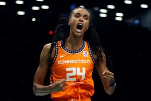 DeWanna Bonner #24 of the Connecticut Sun reacts against the New York Liberty. WNBA in Boston game will be August of 2024