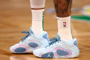 The shoes of Jayson Tatum #0 of the Boston Celtics during Game One of the Eastern Conference Second Round Playoffs. Light blue and pink NBA basketball sneakers