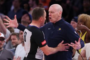 Indiana Pacers head coach Rick Carlisle argues a call with referee Josh Tiven #58 during the fourth quarter against the New York Knicks in Game Two of the Eastern Conference Second Round Playoffs at Madison Square Garden. After being ejected from the Pacers vs. Knicks game, Indiana Pacers coach Rick Carlisle said he feels a lack of respect for "small market teams."