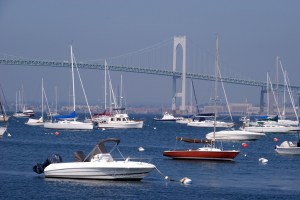 Recreational boats in the Newport, Rhode Island harbor. New England boat show