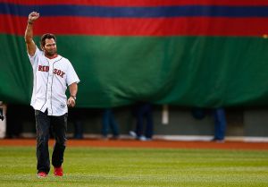 Former Boston Red Sox player Johnny Damon is honored prior to the game. Fenway Card Show takes place May 18-19.