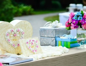 Sweet gift box heart shape on table for wedding day, wedding gifts table