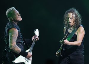James Hetfield and Kirk Hammett of Metallica perform at State Farm Stadium on September 01, 2023 in Glendale, Arizona.