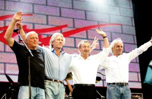 David Gilmour, Roger Waters, Nick Mason and Rick Wright from the band Pink Floyd on stage at "Live 8 London" in Hyde Park on July 2, 2005 in London, England.