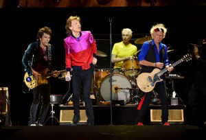 Musician Ronnie Wood, singer Mick Jagger, musicians Charlie Watts and Keith Richards of The Rolling Stones perform during Desert Trip at the Empire Polo Field on October 14, 2016 in Indio, California.