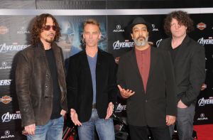 Musicians Chris Cornell, Matt Cameron, Kim Thayil and Ben Shepherd of Soundgarden arrive at the premiere of Marvel Studios' "The Avengers" at the El Capitan Theatre on April 11, 2012 in Hollywood, California.
