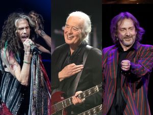 Steven Tyler performing on stage; Jimmy Page performing on stage; Chris Robinson of the Black Crowes performing on stage.