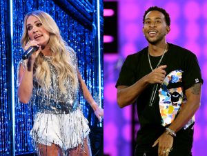 Carrie Underwood is on stage in white, and Ludacris is on stage in black.