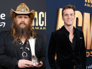 Chris Stapleton is wearing black and holding ACM awards, and Parker McCollum is wearing a blue blazer.