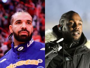 Drake in a blue jersey and Kendrick Lamar in a coat performing bars he must drop