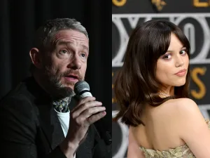 Martin Freeman speaks onstage during the screening of "Miller's Girl" at the Palm Springs International Film Festival, Jenna Ortega attends the 75th Primetime Emmy Awards, Martin Freeman Breaks Silence On Backlash Over Age Gap With Co-Star Jenna Ortega.